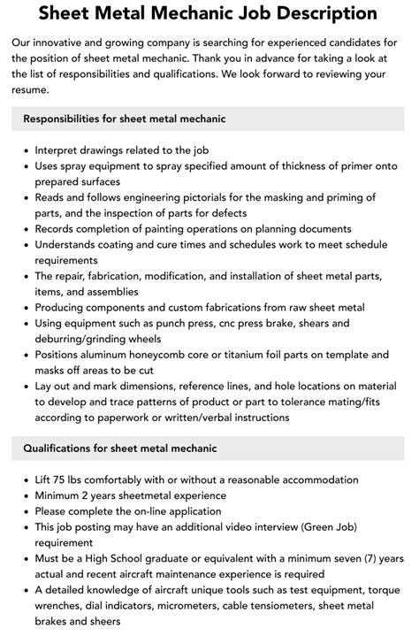 hvac sheet metal mechanic|sheet metal mechanic job description.